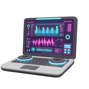 Laptop displays music software interface with neon colors, featuring various sound waves and audio levels, making it ideal for music production or DJing. png