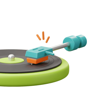 A turntable with a vibrant green base, a black record, and a stylish teal and orange stylus is shown, ideal for listening to music. png