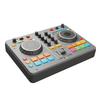 A gray DJ mixer controller with colorful buttons and knobs is seen at an angle for playing music. png