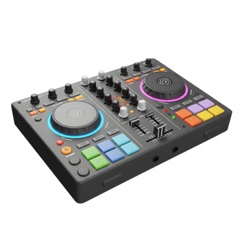 A gray DJ controller with colorful pads and knobs is used for mixing audio. png