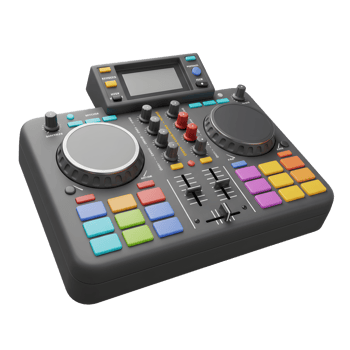 This is a black DJ controller featuring two jog wheels, several knobs, sliders, and colorful buttons, designed for creating and mixing music. png