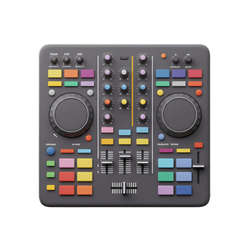 A colorful DJ mixer controller is displayed in a studio setting, which is used for mixing music tracks. png