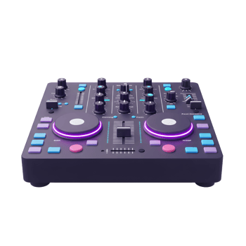 A DJ mixer is displayed with various buttons and knobs on a white background, perfect for producing music and mixing sound. png