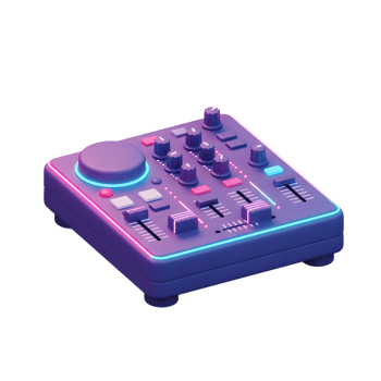 A purple neon DJ mixer controller features multiple buttons, knobs and sliders for controlling audio mixing, perfect for creating electronic music. png
