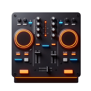 A close-up shot of a sleek black DJ mixer featuring numerous knobs, buttons, sliders, and glowing orange and blue accents, used for professional music mixing. png