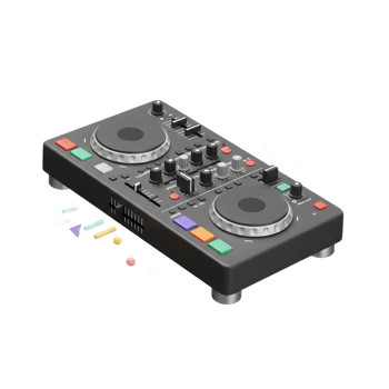 This is an image of a black DJ mixer turntable surrounded by colorful shapes, often used by DJs to create music. png
