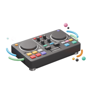 A stylized DJ mixer controller features various knobs, buttons, and a slider, ideal for music creation and performance. png