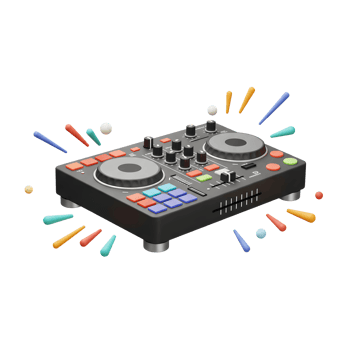 A dark gray DJ mixer featuring colorful buttons, sliders, and knobs is surrounded by abstract shapes, creating a dynamic image for use in music production. png