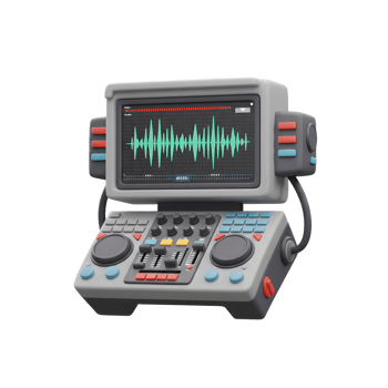 A 3D rendering of an audio mixer with a screen displaying a waveform, showcasing the equipment used for sound mixing and manipulation. png