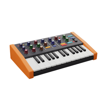 A colorful synthesizer with keys and knobs sits isolated against a white background, suitable for electronic music production. png