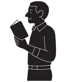 Silhouette of a man reading a book with both hands held in front, teacher silhouette vector