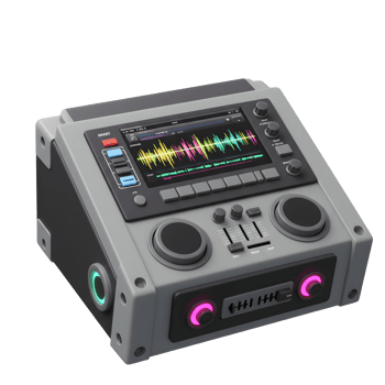 A gray audio mixing device features a colorful screen, buttons, knobs, and sliders, making it suitable for studio music production. png