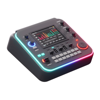A black audio mixer is shown with illuminated controls, faders, buttons, and a display for controlling audio output. png