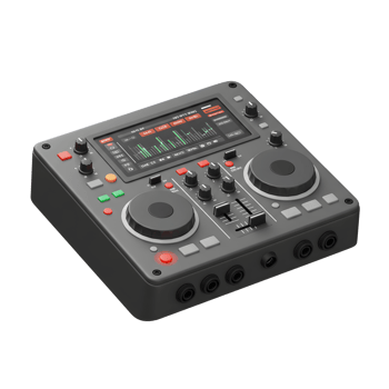 A gray DJ mixer features a screen display, knobs, buttons, and sliders and is a digital interface and has audio ports, making it ideal for music production and live performances. png