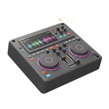 A gray DJ mixer featuring multiple knobs, a display screen, two jog wheels and sliders, is used for music production and live performances. png