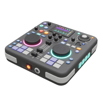 A modern DJ mixer is displayed with glowing knobs and buttons, demonstrating its functionality for music production and live performances. png