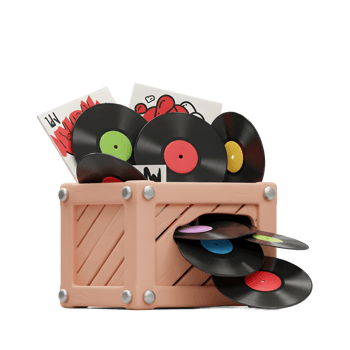 A collection of vinyl records is shown in a wooden crate, with several spilling out the side, for listening and collecting. png