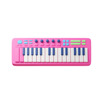 A pink toy piano keyboard is shown, with blue and green accents, commonly used for entertainment and musical creativity. png