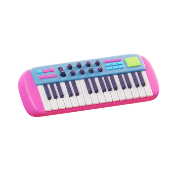 A colorful keyboard synth with pink, blue, and white keys is shown, great for making music. png