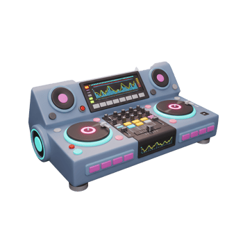 A stylish grey DJ mixer with illuminated display, turntables and controls is pictured, suitable for mixing music. png