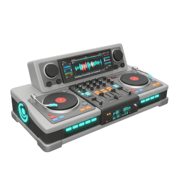 A grey dj mixer with a screen, knobs, sliders and two turntables is shown for making electronic music. png