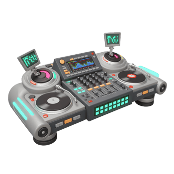 This 3D rendering shows a futuristic DJ mixer turntable machine with monitors, sliders, and buttons, which can be used for music production. png