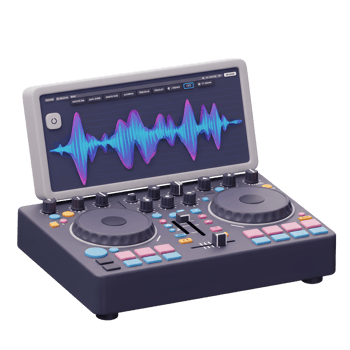 A digital DJ controller with a display showing a waveform, featuring knobs, buttons, and faders, is used for music mixing and creating sound effects. png