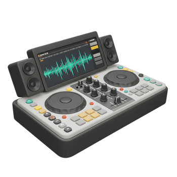 A DJ mixer is shown with a screen displaying waveforms and small speakers on each side, likely used for music mixing. png