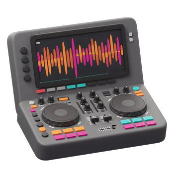 DJ deck displays an orange and pink waveform on its screen, complete with various knobs, buttons, and sliders for controlling the music. png