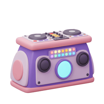 A cartoon DJ mixer is rendered in 3D with colorful elements and a fun design, perfect for music-related content. png