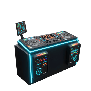 A modern DJ console with digital screens and multiple controls is designed for music mixing and audio manipulation. png