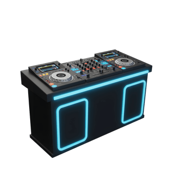 This sleek DJ mixer console features vibrant neon lighting and various controls, perfect for music production and live performance. png