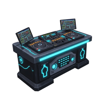 A futuristic-looking DJ setup with turntables, a mixer, and screens glows with cyan lighting, ideal for creating electronic music. png