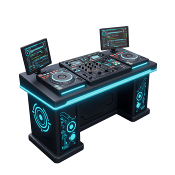 This black DJ setup includes a mixer, two turntables, and two computer screens and can be used for mixing music at a party or in a club. png