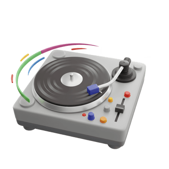 A turntable plays a black vinyl record with colorful accents creating a dynamic music atmosphere that can be used for artistic projects or audio-related content. png