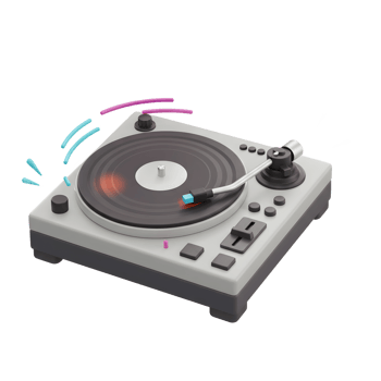 A turntable with a vinyl record is shown in a stylized illustration to represent music playback. png