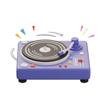 A stylized illustration of a purple turntable with colorful accents is shown, and it can be used for music related projects. png