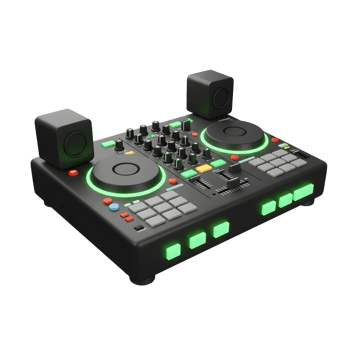 A black DJ controller with two speakers features glowing green accents and multiple buttons and knobs, perfect for mixing music. png