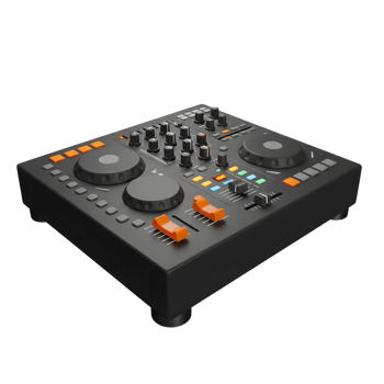 A black DJ mixer features various knobs, buttons, sliders and turntables, designed to create and mix audio for music performances. png