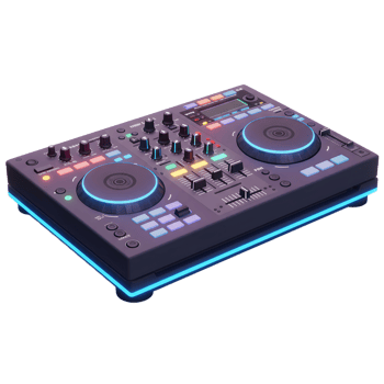 An electronic DJ mixer is illuminated with glowing lights, creating a modern and futuristic aesthetic that is perfect for electronic music production and live performances. png