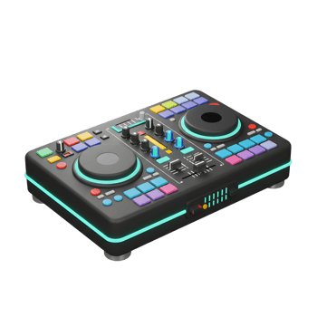 A black DJ mixer with colorful buttons and knobs can be used for creating music and DJing. png