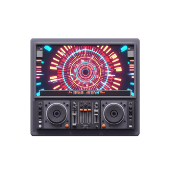 This illustration features a DJ mixer with a screen showing a circular light pattern, perfect for digital music production or entertainment projects. png