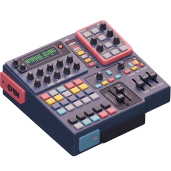 A blue soundboard with knobs, buttons and a display panel rests on a white background for music production. png