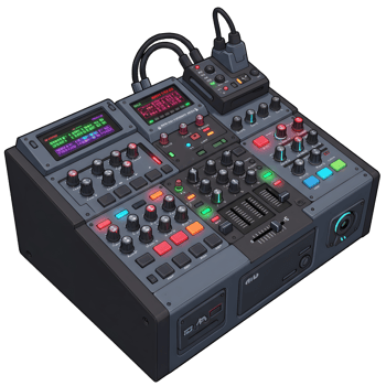 This audio mixer has knobs, sliders, and screens, creating a complex interface for mixing sound in a digital studio. png