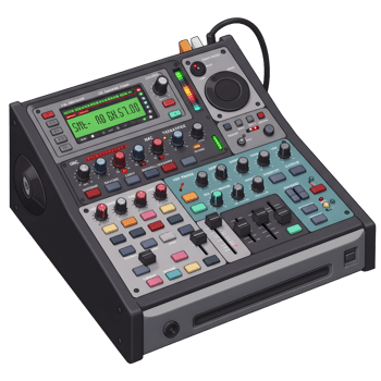 An audio mixer with various knobs, buttons, and faders is displayed, likely used for sound engineering. png