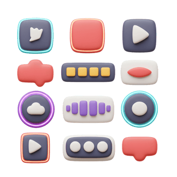 Collection of 3D icon buttons and elements in various shapes and colors, perfect for designing user interfaces. png