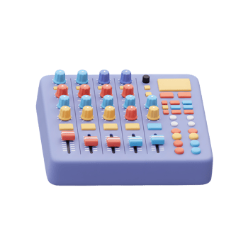 A purple audio mixing console features colorful knobs and sliders that can be used for music production. png