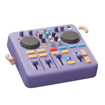 This is a 3d render of a purple Dj Mixer with knobs and sliders used for audio mixing and manipulation. png