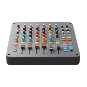 A gray audio mixer features colorful knobs, sliders and buttons for controlling sound levels, and can be used to record and mix music. png