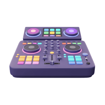 A purple DJ controller with colorful buttons and knobs sits on a white background, designed for music mixing and live performances. png